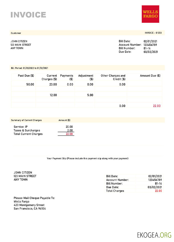 Modèle de facture Wells Fargo aux États , Unis